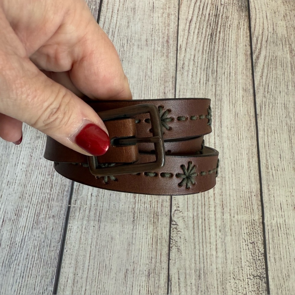 Genuine Leather Brown Stitched Flower Belt 2X